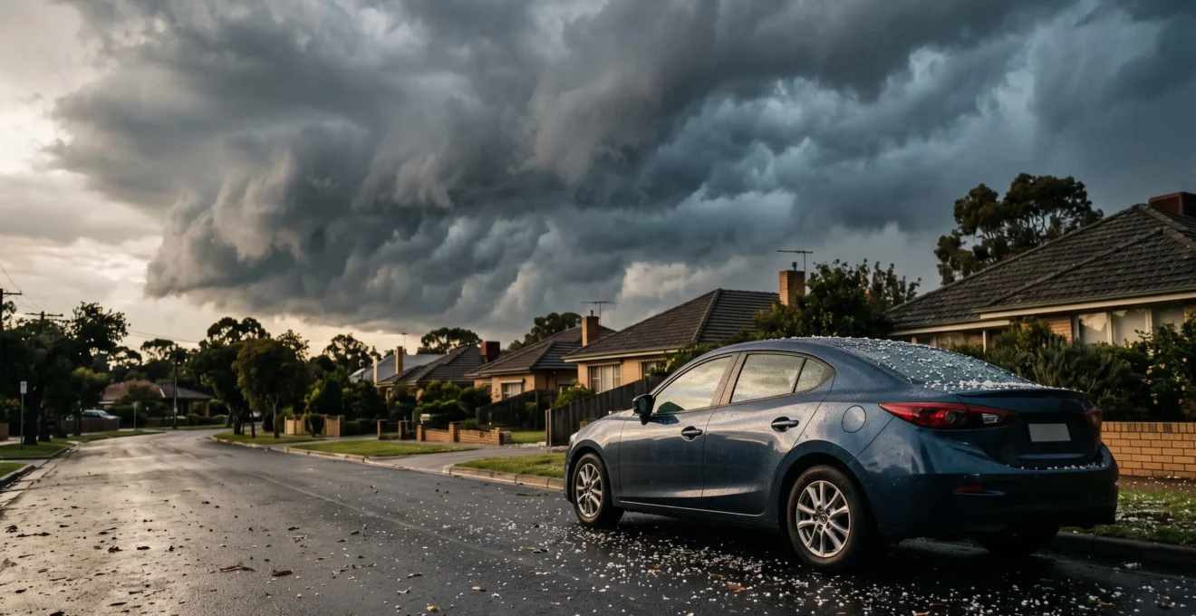 Voiture garee dans une rue residentielle sous un ciel d'orage menacant avec des grelons visibles au sol