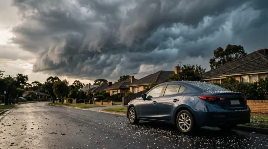 Voiture garee dans une rue residentielle sous un ciel d'orage menacant avec des grelons visibles au sol