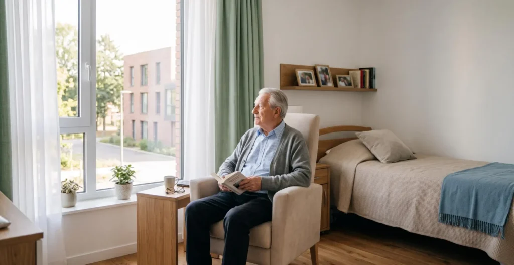 Homme âgé dans sa chambre individuelle d'un EHPAD moderne Homme âgé dans sa chambre individuelle d'un EHPAD moderne